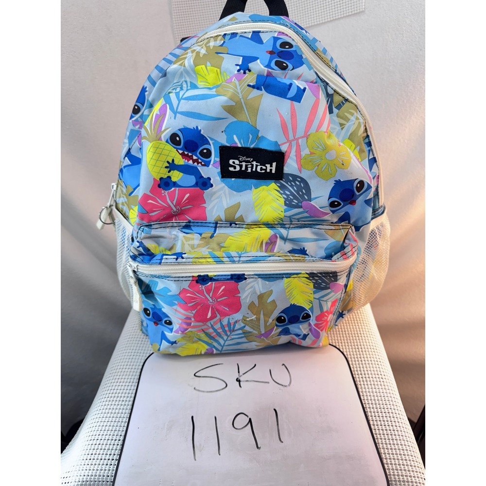 Disney Stitch Backpack Unisex OS Blue Tropical Floral Print School Travel Bag